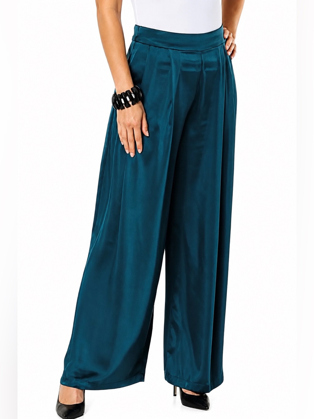 Wynne Collection Satin Pleated Wide Leg Trouser Pants Teal Large Charmeuse Jewel